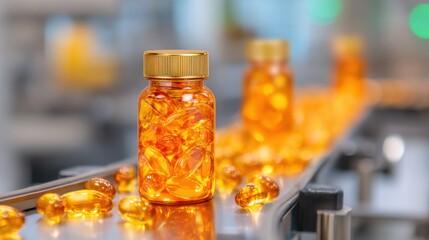 Infectious Disease Pandemic Preparedness. Bottle of gel capsules on a production line with a bright background.