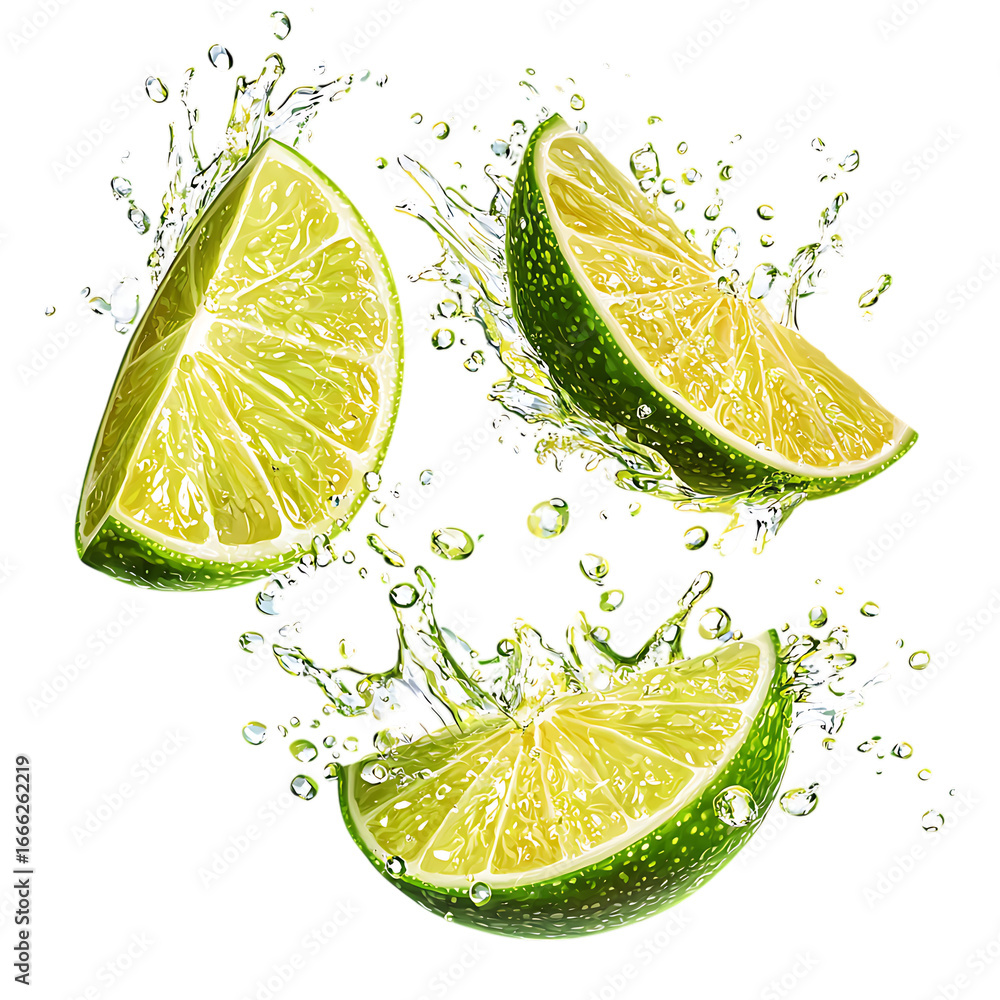 Poster three lime wedges with splashing water isolated on white background transparent png