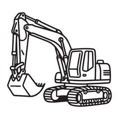 Black and white line art illustration of a large excavator with bold outlines for coloring activity.