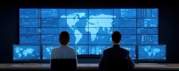 Infectious Disease Pandemic Preparedness. Two professionals analyze global data on multiple screens in a high-tech environment.