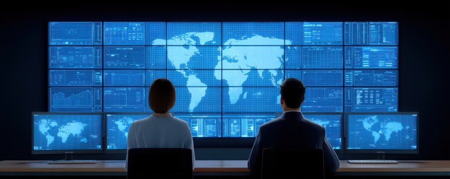 Infectious Disease Pandemic Preparedness. Two professionals analyze global data on multiple screens in a high-tech environment. - Powered by Adobe