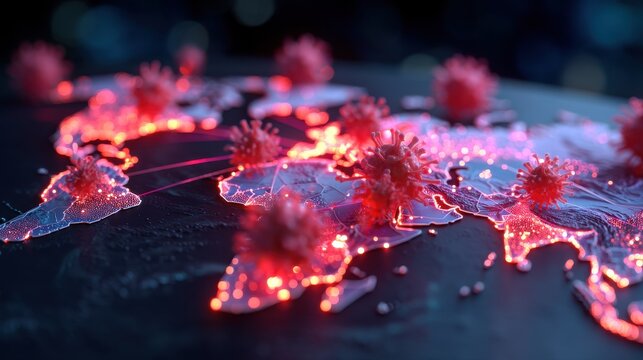 Infectious Disease Pandemic Preparedness. Visual representation of a global map with virus particles highlighted in red and glowing lights.
