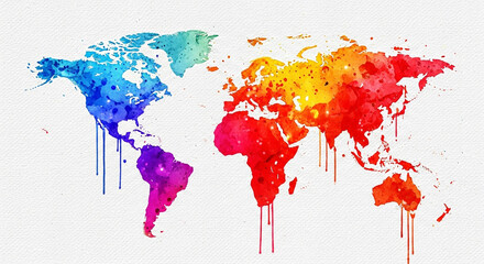 Watercolor world map art print colorful continents travel geography decor abstract illustration design globe earth
