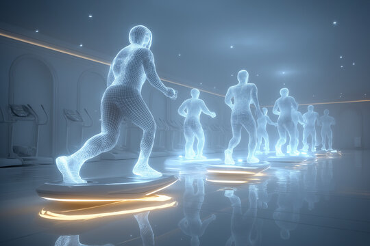 Holographic figures of people running on treadmills in a futuristic gym. A concept for virtual reality, augmented reality fitness, and exercise technology. - Powered by Adobe