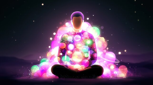 Human silhouette sitting in lotus pose, surrounded by black void