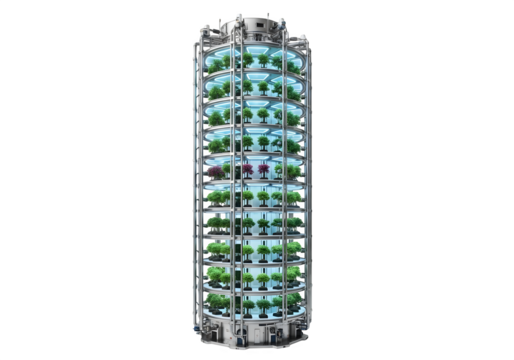 Futuristic vertical farm tower for urban agriculture isolated on transparent background, showcasing sustainable food production and innovative building design