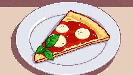 A slice of thin-crust Margherita pizza with fresh basil, placed on a clean plate, stylized in 8-bit pixel art