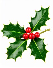 Sprig of Holly with Red Berries and Green Leaves on White Background