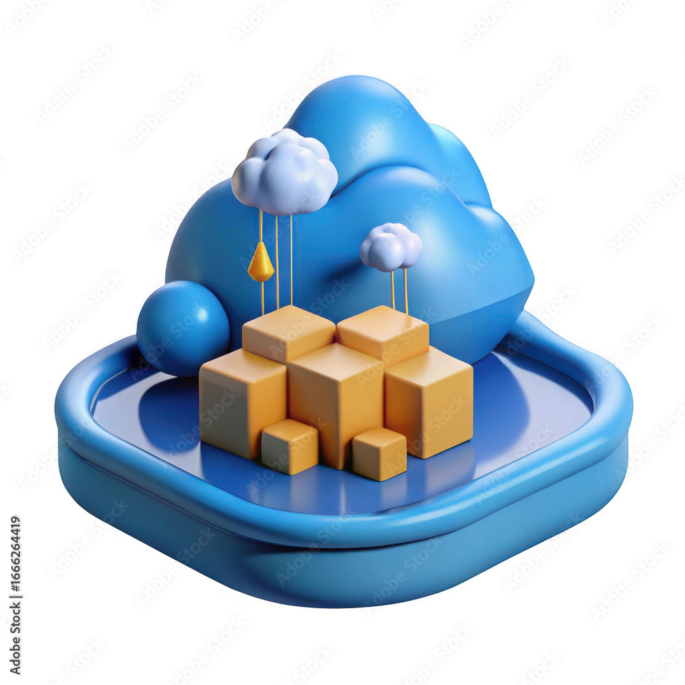 Aufkleber abstract 3d render of a blue cloud with yellow cubes and a sphere isolated on transparent background