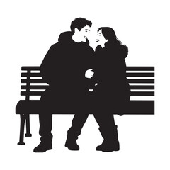 Silhouette image of a couple sitting on a bench in a romantic mood. 