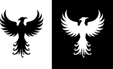 Obraz premium High contrast phoenix silhouette vector, black and white wings spread, rebirth, strength, fiery minimal design