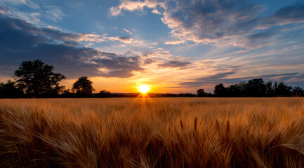 Beautiful Sunset Over Wheat Field with Colorful Sky and Clouds Background