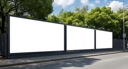 Blank billboard mockup three panels outdoor advertising urban city street trees summer sunlight perfect for your design template