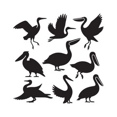Simple pelican bird silhouette icons with a white background. 