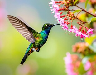 Fototapeta premium Hummingbird feeding on vibrant pink flowers