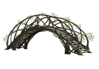 Wooden bridge with arch shape and natural design isolated on transparent background, a rustic walkway in a garden or park with nature elements