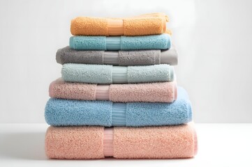 Colorful stacked up spa / bath towels isolated on white background