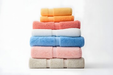 Colorful stacked up spa / bath towels isolated on white background