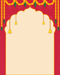 Indian festival background with Flower garland decoration toran bells for Happy Diwali, Dussehra Wedding Invitation