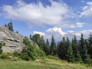 Ukrainian Carpathians. written stone. Huge stone. Carpathian landscape. Natural stone
