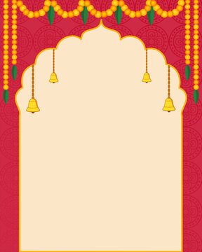 Indian festival background with Flower garland decoration toran bells for Happy Diwali, Dussehra Wedding Invitation