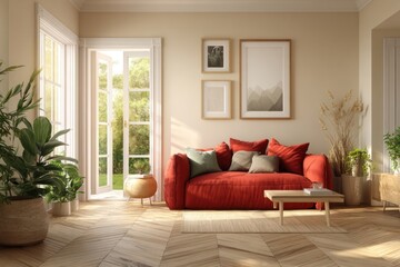 Fototapeta premium Sunny, modern living room with terracotta couch