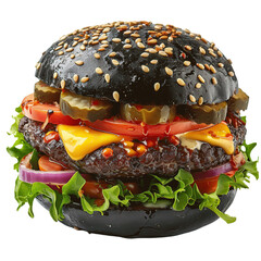 Black bun cheeseburger with fresh vegetables and sesame seeds isolated on transparent background