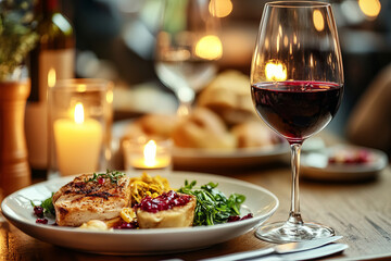Romantic dinner setting with gourmet dish and glass of red wine beside glowing candles creating warm elegant and intimate dining atmosphere