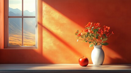 Symmetrical Desert Window Scene with Apple and Milk Jar, Dramatic Light Contrast on Orange Interior Architecture

