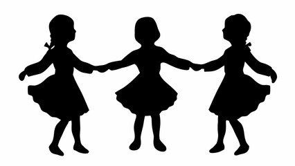 Three girls holding hands in a circle forming a ring dance silhouette with dresses and hair ribbons | editable eps vectors