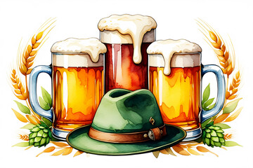 Three frothy beer mugs with a green hat and wheat stalks foam amber