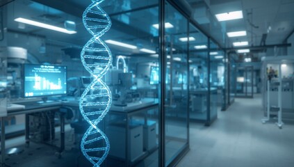 High-tech biotechnology laboratory with glowing DNA strands and futuristic digital screens showing genome research in blue tones, ultra-HD science innovation, Generative AI