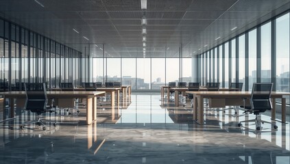 Modern minimalist corporate office interior with glass walls, ergonomic chairs, and sunlight reflections on polished floors, high-resolution workplace design, Generative AI