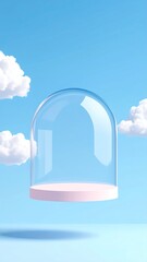 Empty Glass Dome on Pastel Pink Platform Floating Against Blue Sky Backdrop