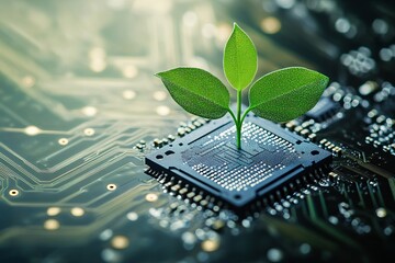 Green leaves sprouting from microchip on circuit board symbolizing eco technology sustainability and innovation in green computing