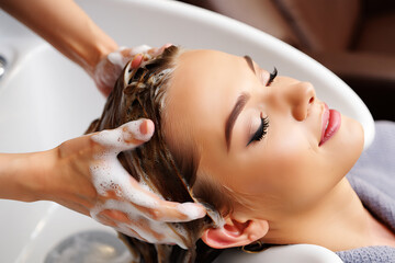 Woman enjoying hair washing with suds shampoo