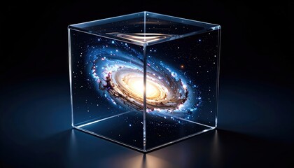 Cosmic Cube: The image presents a galaxy contained inside a luminous cube, a conceptual exploration of the universe's grandeur and mysteries.