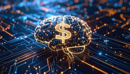 Mindful Finance: An artistic illustration of a human brain, intricately interwoven with financial circuits, boldly displays a prominent dollar sign at its core.