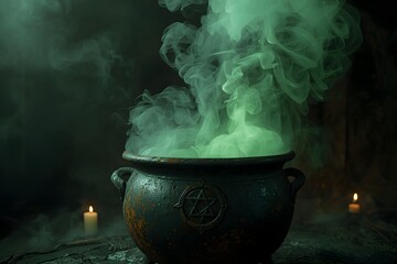 Conjured. Bubbling iron cauldron with green smoke and evil spirit rising
