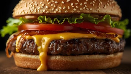 Delicious beef burger with melted cheese, fresh lettuce, tomato, and sesame seed bun, a classic American comfort food