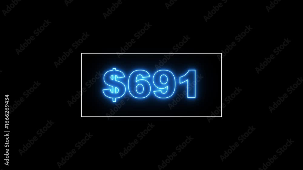 Poster glowing neon line 1.3 thousand dollar counter animation, 1.3 thousand counting from 0 to 1300$, vide