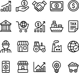 Set of vector economy icons featuring various concepts such as investment, banking, business, global trade, e-commerce, agriculture, and industry