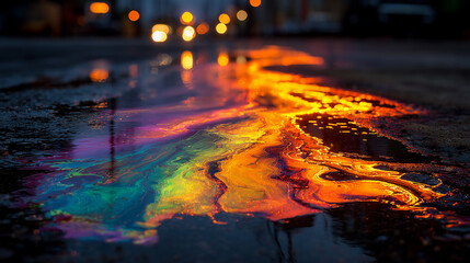 A rainbow oil slick spreads across a puddle, reflecting the lights of the night city and creating the effect of a flaming watercolor.
