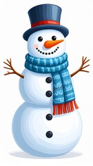 Illustration of a Cheerful Snowman with Blue Scarf and Top Hat on White Background