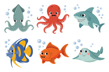 Cartoon sea creatures octopus shark squid fish stingray