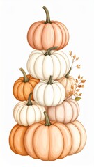 Stacked Pumpkins in White and Orange with Autumn Leaves on a White Background