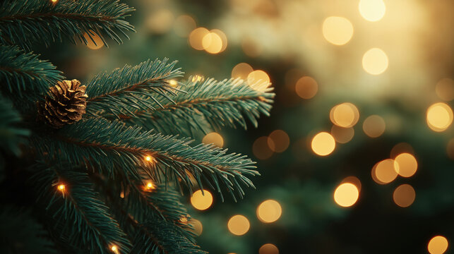 Christmas fir branch with golden pine cone and glowing lights on dark green background with festive bokeh.