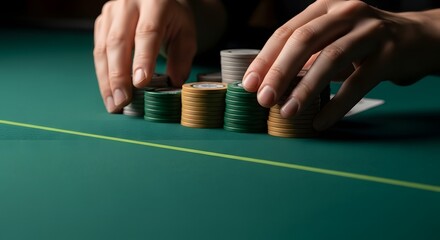 Gamer hands stacking poker chips on green felt table for gambling