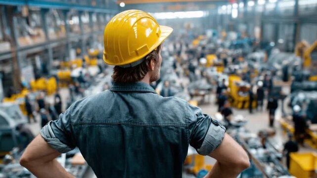 The Visionary: A worker stands at the forefront of a bustling factory, overseeing operations in a dynamic industrial setting, embodying leadership and diligence.