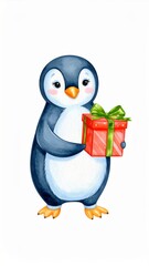 Obraz premium Cartoon Penguin Holding a Red Present Box with Green Bow on White Background